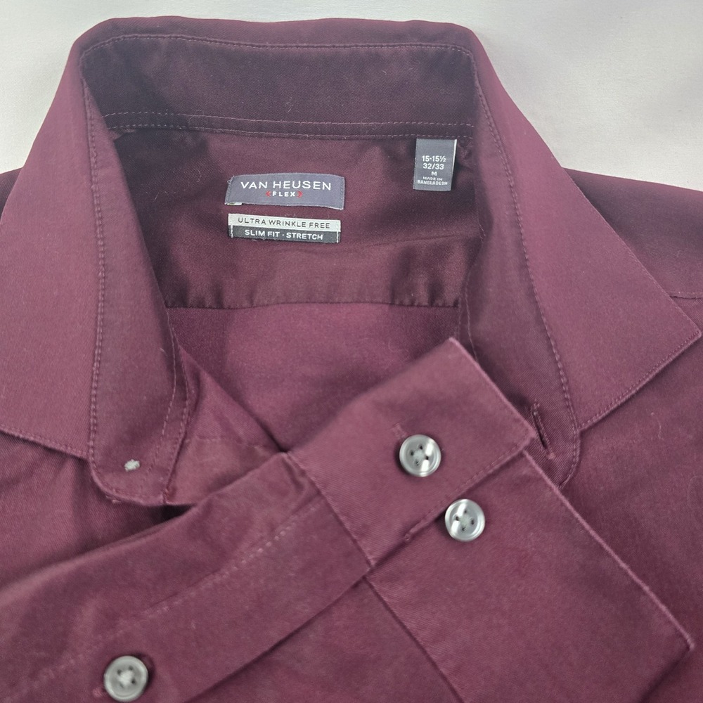 Van Heusen Shirt Sz Med Burgandy Ultra Wrinkle Free Slim Fit Stretch 15/32